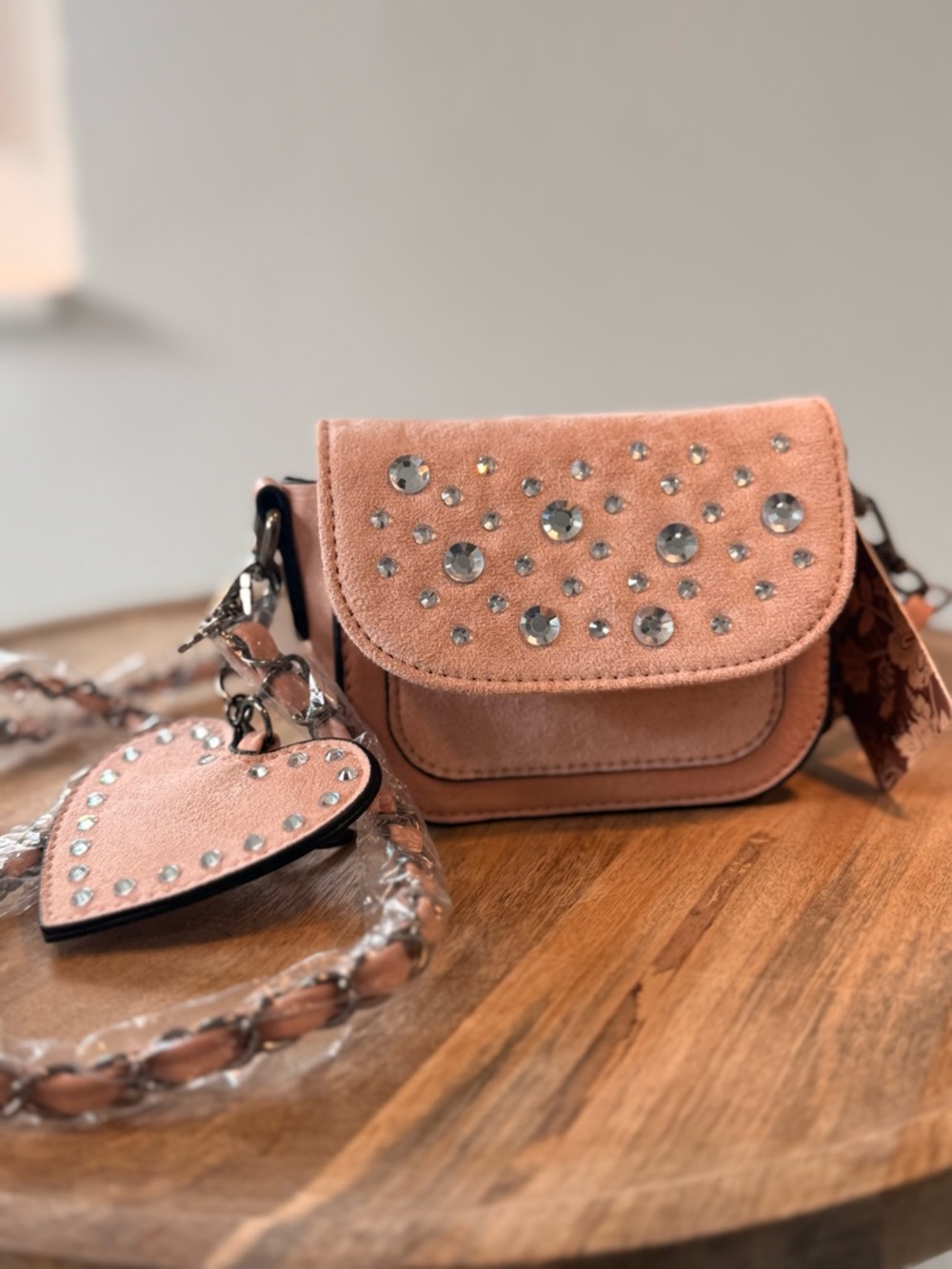 NWT Sam & Hadley Pink Faux-Suede Rhinestone Crossbody Bag  w/ BAG CHARM